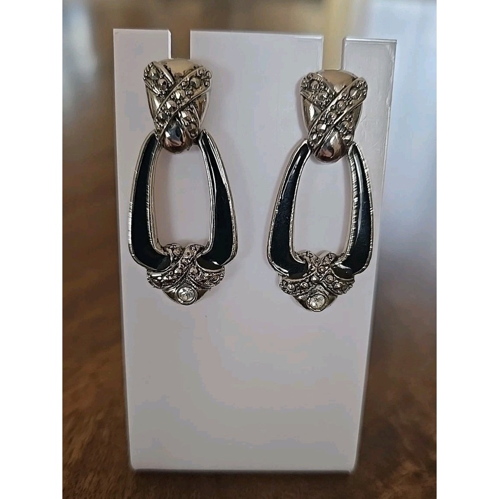 Vintage Avon Black Enamel & Faux Marcasite Door Knocker Pierced Earrings